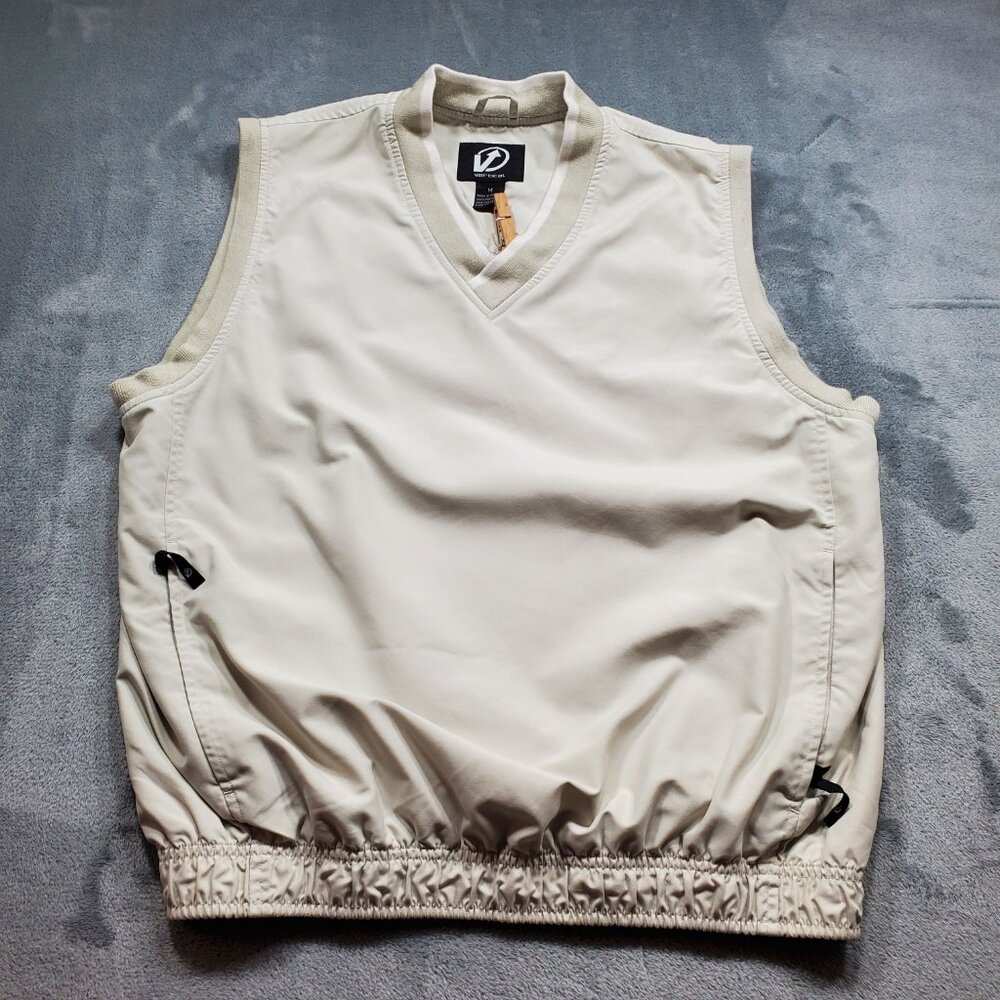 VERTICAL Golf Vest Pullover Beige w White Mesh Lined 2 Zipper Pockets Men Sz M